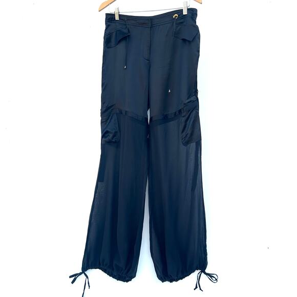 Orna Farho Georgette Silk Satin Sheer Cargo Joggers Pants Black 42 Size 10 - Picture 2 of 13